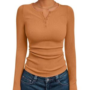 Trendy Queen Long Sleeve Henley Shirts for Women Fall Winter Ribbed Thermal Tops Casual Blouses Basics Tees Cute Sweaters(Orange)