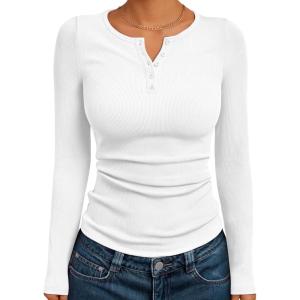 Trendy Queen Long Sleeve Henley Shirts for Women Fall Winter Ribbed Thermal Tops Casual Blouses Basics Tees Cute Sweaters(White)