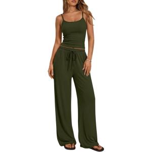 Trendy Queen Women’s 2 Piece Lounge Set Spring Outfits – Camisole Top & Wide Leg Pants(Army Green)
