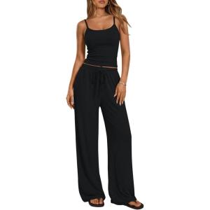 Trendy Queen Women’s 2 Piece Lounge Set Spring Outfits – Camisole Top & Wide Leg Pants(Black)