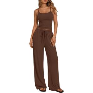 Trendy Queen Women’s 2 Piece Lounge Set Spring Outfits – Camisole Top & Wide Leg Pants(Coffee)