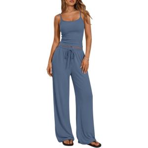Trendy Queen Women’s 2 Piece Lounge Set Spring Outfits – Camisole Top & Wide Leg Pants(Dusty Blue)