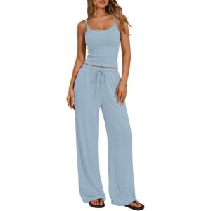 Trendy Queen Women’s 2 Piece Lounge Set Spring Outfits – Camisole Top & Wide Leg Pants(Light Blue)