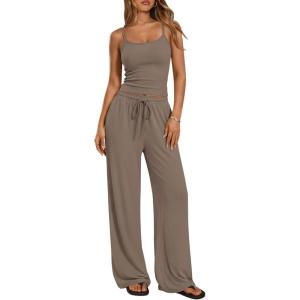 Trendy Queen Women’s 2 Piece Lounge Set Spring Outfits – Camisole Top & Wide Leg Pants(Mocha)