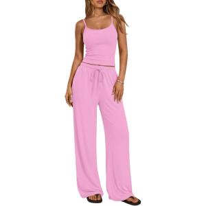 Trendy Queen Women’s 2 Piece Lounge Set Spring Outfits – Camisole Top & Wide Leg Pants(Pink)
