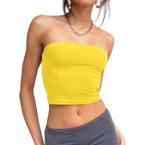 Trendy Queen Womens Tube Tops Strapless Crop Tops Basic Backless Sleeveless Going Out 2026 Spring Outfits Summer Clothes(Bright Yellow)