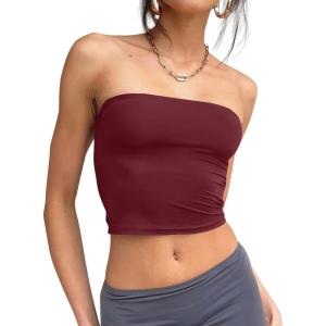 Trendy Queen Womens Tube Tops Strapless Crop Tops Basic Backless Sleeveless Going Out 2026 Spring Outfits Summer Clothes(Burgundy)