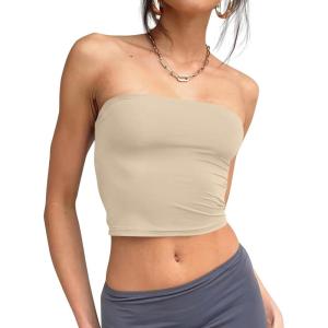 Trendy Queen Womens Tube Tops Strapless Crop Tops Basic Backless Sleeveless Going Out 2026 Spring Outfits Summer Clothes(Khaki)