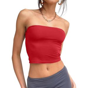 Trendy Queen Womens Tube Tops Strapless Crop Tops Basic Backless Sleeveless Going Out 2026 Spring Outfits Summer Clothes(Red)