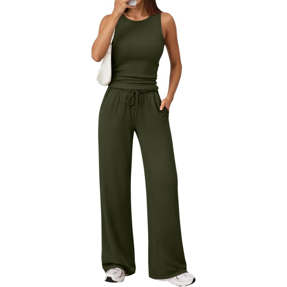 imageTrendy Queen Womens 2 Piece Sweatsuits Lounge Sets Track Suits Tank Tops Wide Leg Pants Spring Matching Outfits 2026Army Green