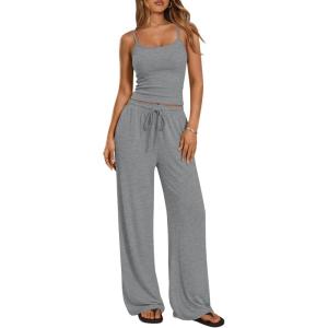 Trendy Queen Women’s 2 Piece Lounge Set Spring Outfits – Camisole Top & Wide Leg Pants(Dark Grey)