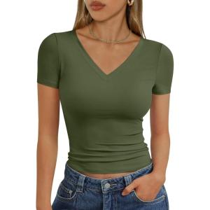 Trendy Queen Womens Basic V Neck Short Sleeve T Shirts Slim Fit Crop Y2k Tee 2026 Summer Cute Gym Fashion Clothes(Armygreen)