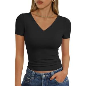 Trendy Queen Womens Basic V Neck Short Sleeve T Shirts Slim Fit Crop Y2k Tee 2026 Summer Cute Gym Fashion Clothes(Black)