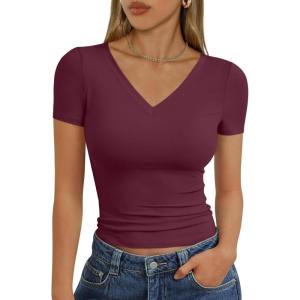 Trendy Queen Womens Basic V Neck Short Sleeve T Shirts Slim Fit Crop Y2k Tee 2026 Summer Cute Gym Fashion Clothes(Burgundy)