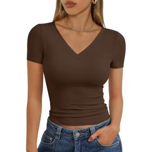 Trendy Queen Womens Basic V Neck Short Sleeve T Shirts Slim Fit Crop Y2k Tee 2026 Summer Cute Gym Fashion Clothes(Chocolate Brown)