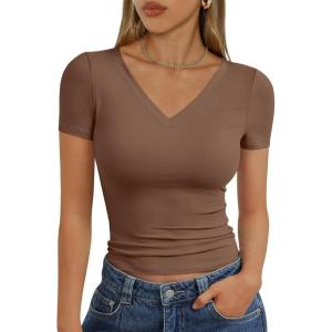 Trendy Queen Womens Basic V Neck Short Sleeve T Shirts Slim Fit Crop Y2k Tee 2026 Summer Cute Gym Fashion Clothes(Coffee)