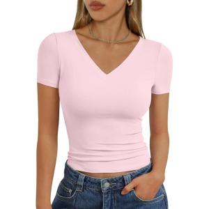 Trendy Queen Womens Basic V Neck Short Sleeve T Shirts Slim Fit Crop Y2k Tee 2026 Summer Cute Gym Fashion Clothes(Pink)