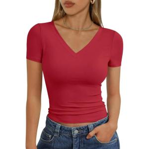 Trendy Queen Womens Basic V Neck Short Sleeve T Shirts Slim Fit Crop Y2k Tee 2026 Summer Cute Gym Fashion Clothes(Red)