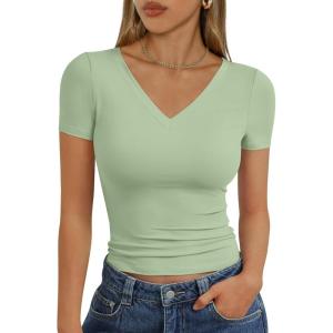 Trendy Queen Womens Basic V Neck Short Sleeve T Shirts Slim Fit Crop Y2k Tee 2026 Summer Cute Gym Fashion Clothes(Sage)