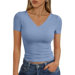 Trendy Queen Womens Basic V Neck Short Sleeve T Shirts Slim Fit Crop Y2k Tee 2026 Summer Cute Gym Fashion Clothes(Sky)
