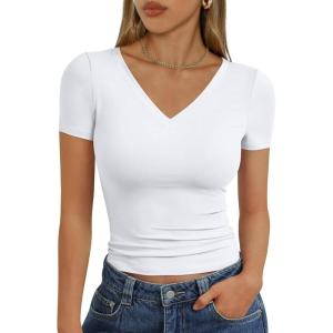 Trendy Queen Womens Basic V Neck Short Sleeve T Shirts Slim Fit Crop Y2k Tee 2026 Summer Cute Gym Fashion Clothes(White)