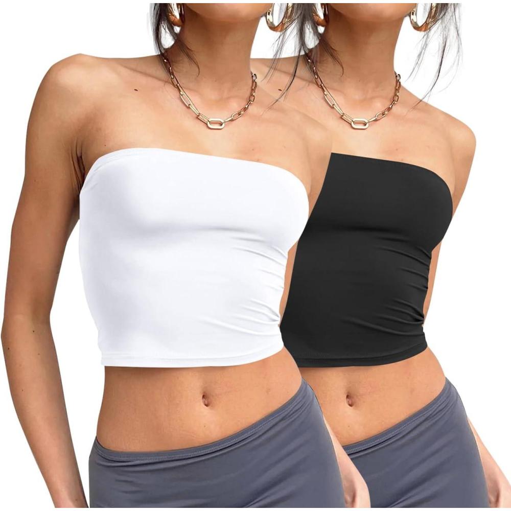 imageTrendy Queen Womens 3 Pack Tube Tops Crop Going Out Strapless Basic Backless Bandeau Bra Summer Outfits 2026Black white