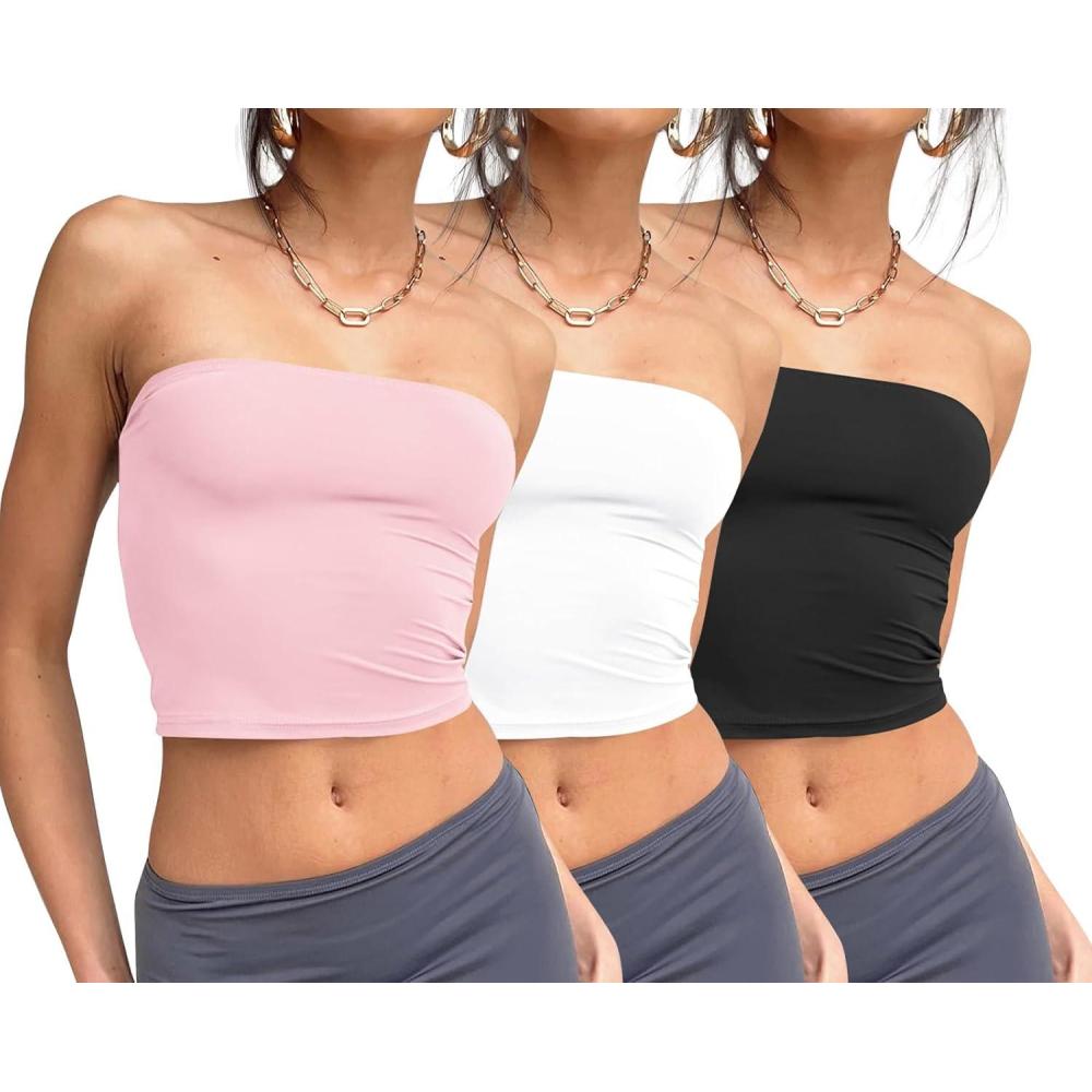 imageTrendy Queen Womens 3 Pack Tube Tops Crop Going Out Strapless Basic Backless Bandeau Bra Summer Outfits 2026Black white pink