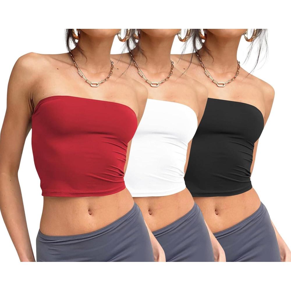 imageTrendy Queen Womens 3 Pack Tube Tops Crop Going Out Strapless Basic Backless Bandeau Bra Summer Outfits 2026Black white red