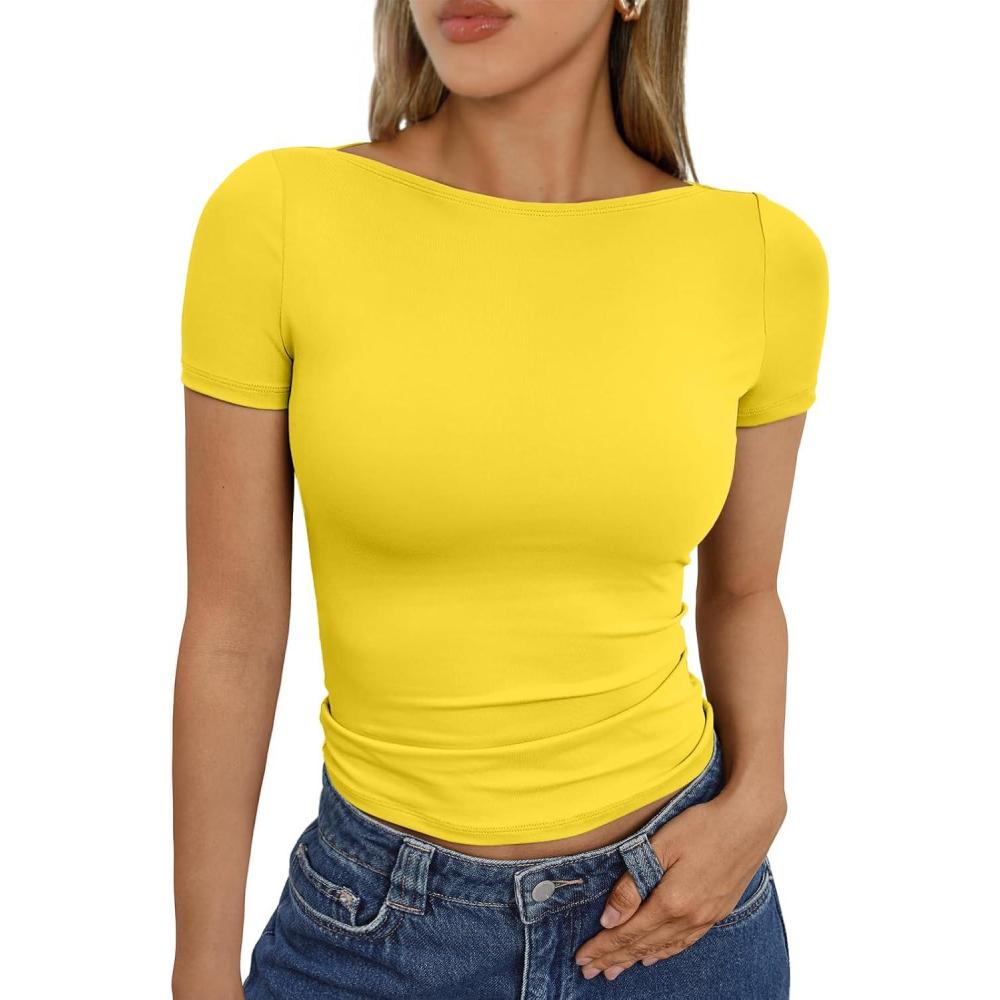 imageTrendy Queen Womens Boat Neck Short Sleeve TShirts Fitted Compression Summer Y2k Basic Tops 2026 Spring Outfits ClothesYellow