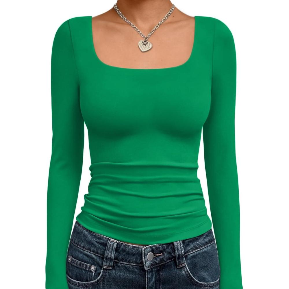 imageTrendy Queen Womens Long Sleeve Shirts Crop Scoop Neck Tops Fall Fashion Solid Going Out Basics Tees Y2k Clothes 2026 Green XS