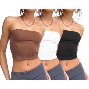 Trendy Queen Womens 3 Pack Tube Tops Crop Going Out Strapless Basic Backless Bandeau Bra Summer Outfits 2026(Black white coffee)