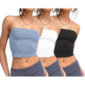 Trendy Queen Womens 3 Pack Tube Tops Crop Going Out Strapless Basic Backless Bandeau Bra Summer Outfits 2026(Black white light Blue)