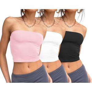 Trendy Queen Womens 3 Pack Tube Tops Crop Going Out Strapless Basic Backless Bandeau Bra Summer Outfits 2026(Black white pink)