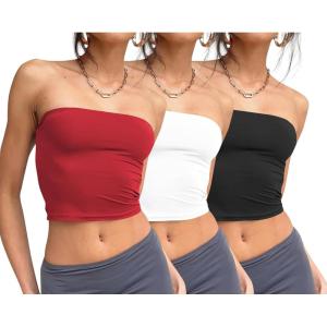 Trendy Queen Womens 3 Pack Tube Tops Crop Going Out Strapless Basic Backless Bandeau Bra Summer Outfits 2026(Black white red)