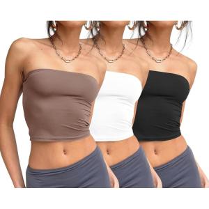 Trendy Queen Womens 3 Pack Tube Tops Crop Going Out Strapless Basic Backless Bandeau Bra Summer Outfits 2026(White black coffee Grey)