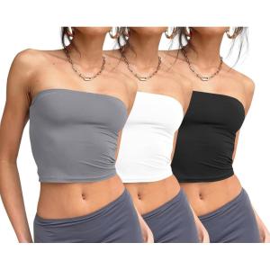 Trendy Queen Womens 3 Pack Tube Tops Crop Going Out Strapless Basic Backless Bandeau Bra Summer Outfits 2026(White black grey)
