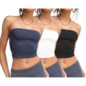 Trendy Queen Womens 3 Pack Tube Tops Crop Going Out Strapless Basic Backless Bandeau Bra Summer Outfits 2026(White black navy)