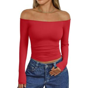Trendy Queen Womens Long Sleeve Off The Shoulder Tops Going Out Cute Basic Y2K Fall Fashion 2026 Outfits Clothes(Red)