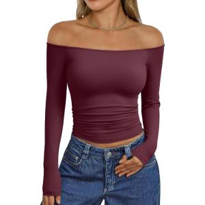 Trendy Queen Womens Long Sleeve Off The Shoulder Tops Going Out Cute Basic Y2K Fall Fashion 2026 Outfits Clothes(Wine)